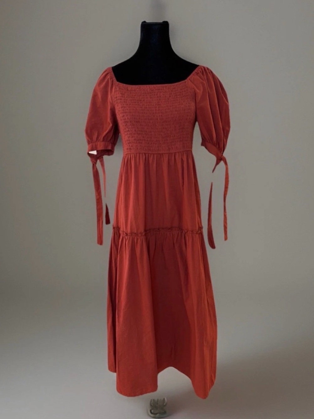 Smocked Midi Dress Off Shoulder Milkmaid Peasant Puff Sleeve Sz L Rusty Brown